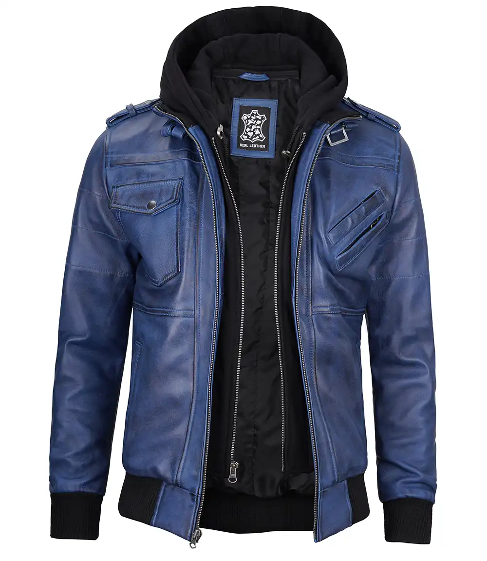 Men's Blue Waxed Leather Jacket with Removable Hood