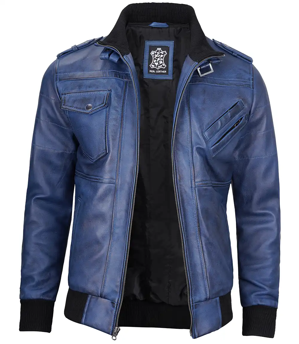 Men's Blue Waxed Leather Jacket with Removable Hood