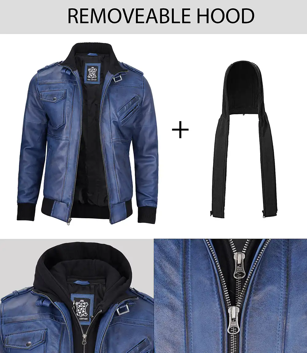 Men's Blue Waxed Leather Jacket with Removable Hood