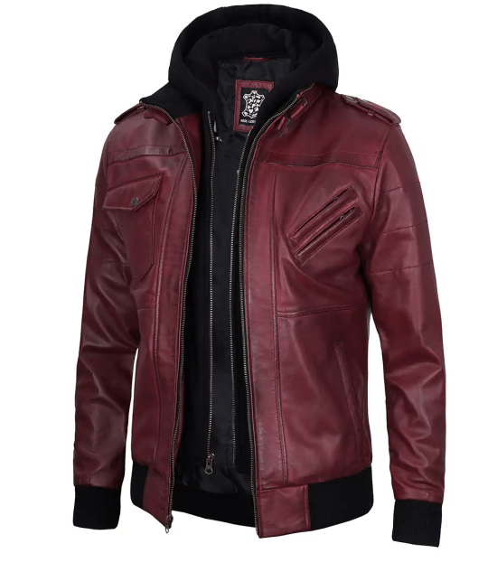 Men's Maroon Leather Jacket with Removable Hood