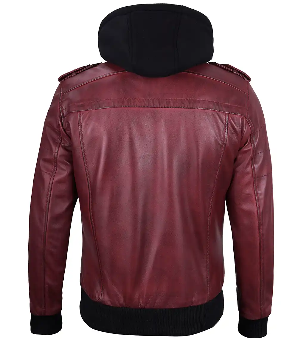 Men's Maroon Leather Jacket with Removable Hood