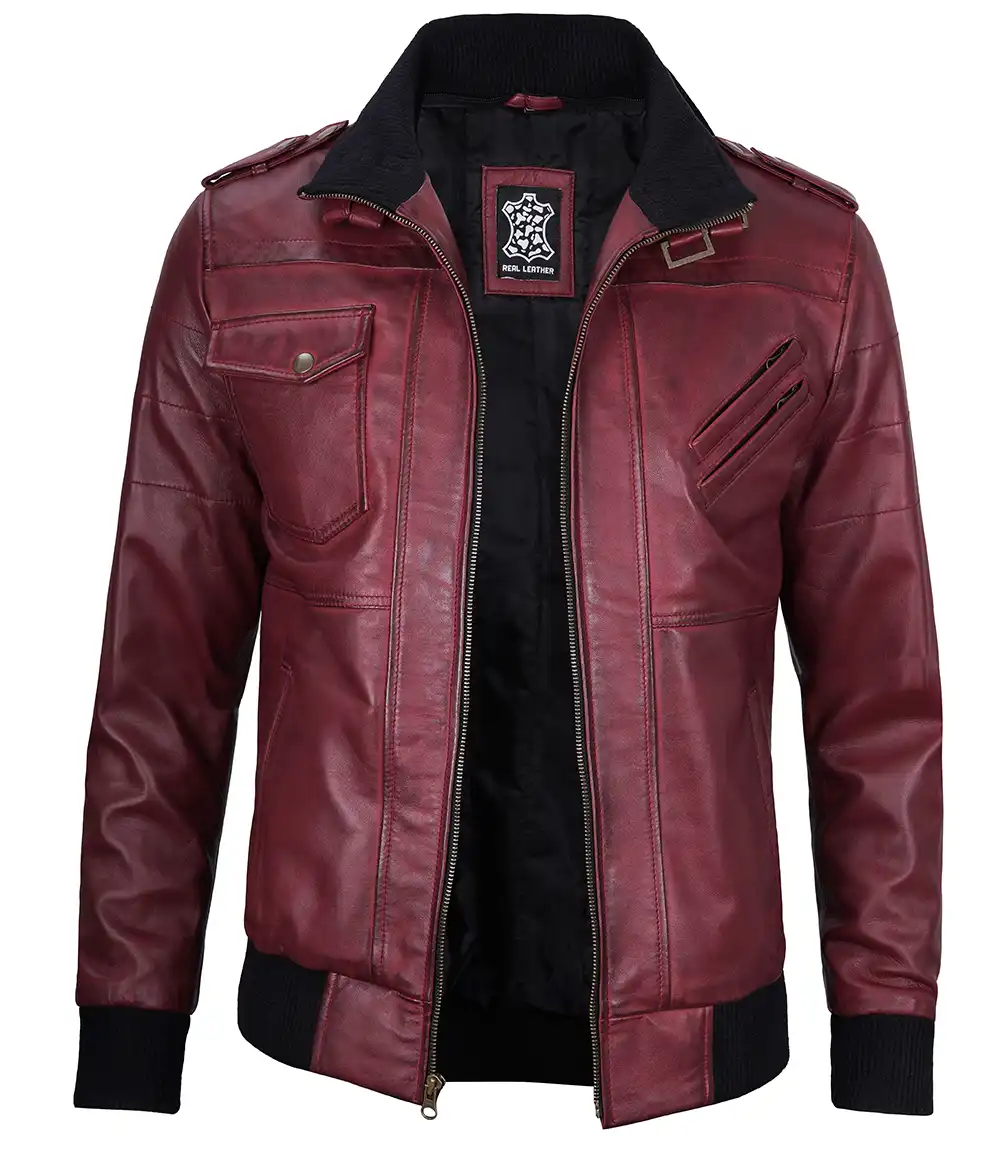 Men's Maroon Leather Jacket with Removable Hood