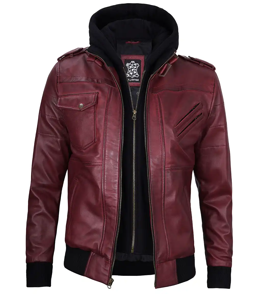 Men's Maroon Leather Jacket with Removable Hood