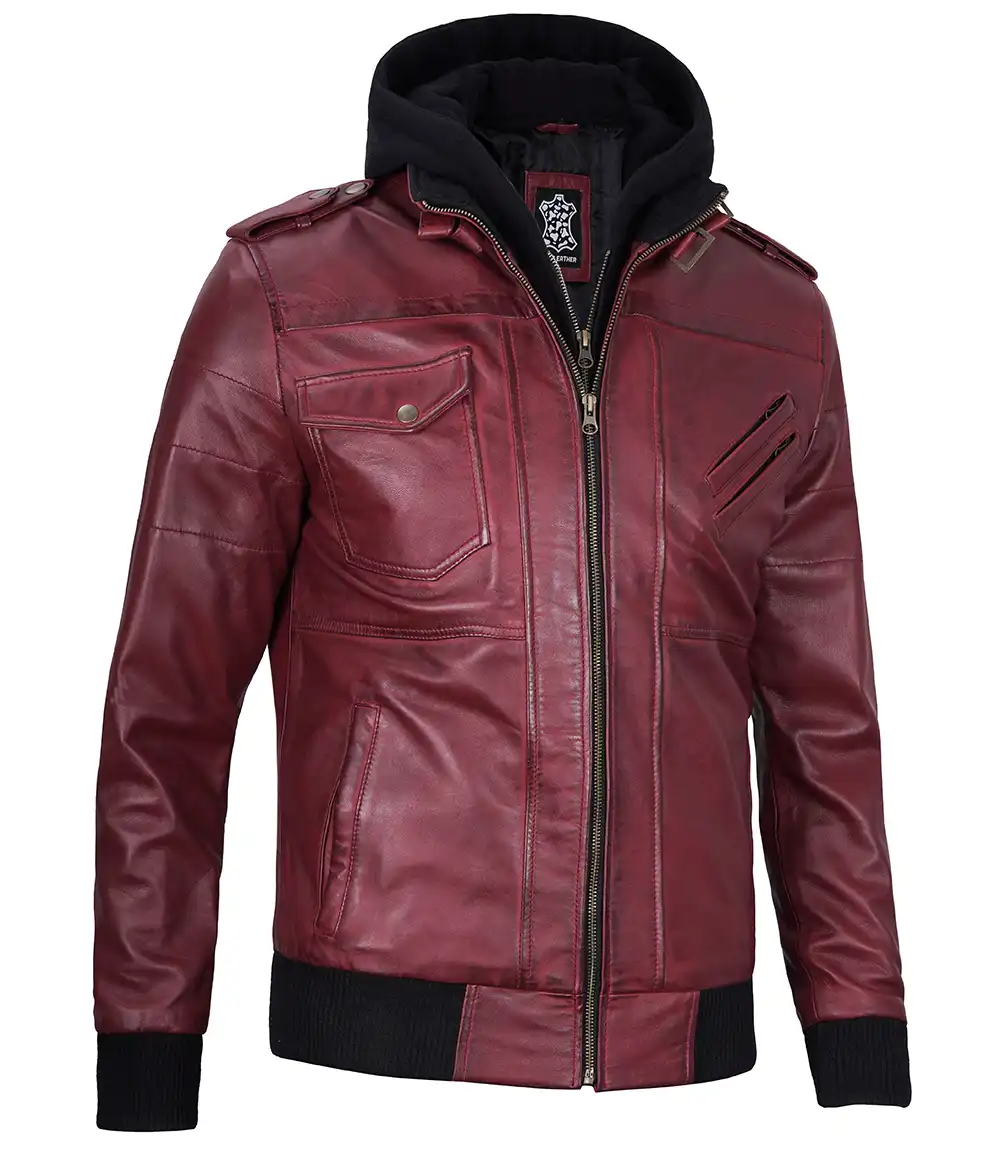 Men's Maroon Leather Jacket with Removable Hood