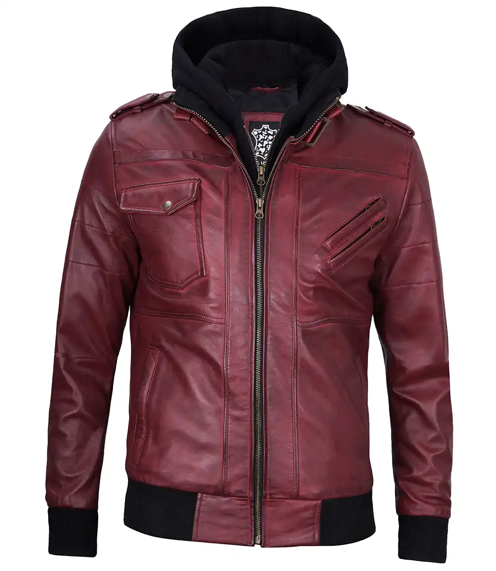 Men's Maroon Leather Jacket with Removable Hood