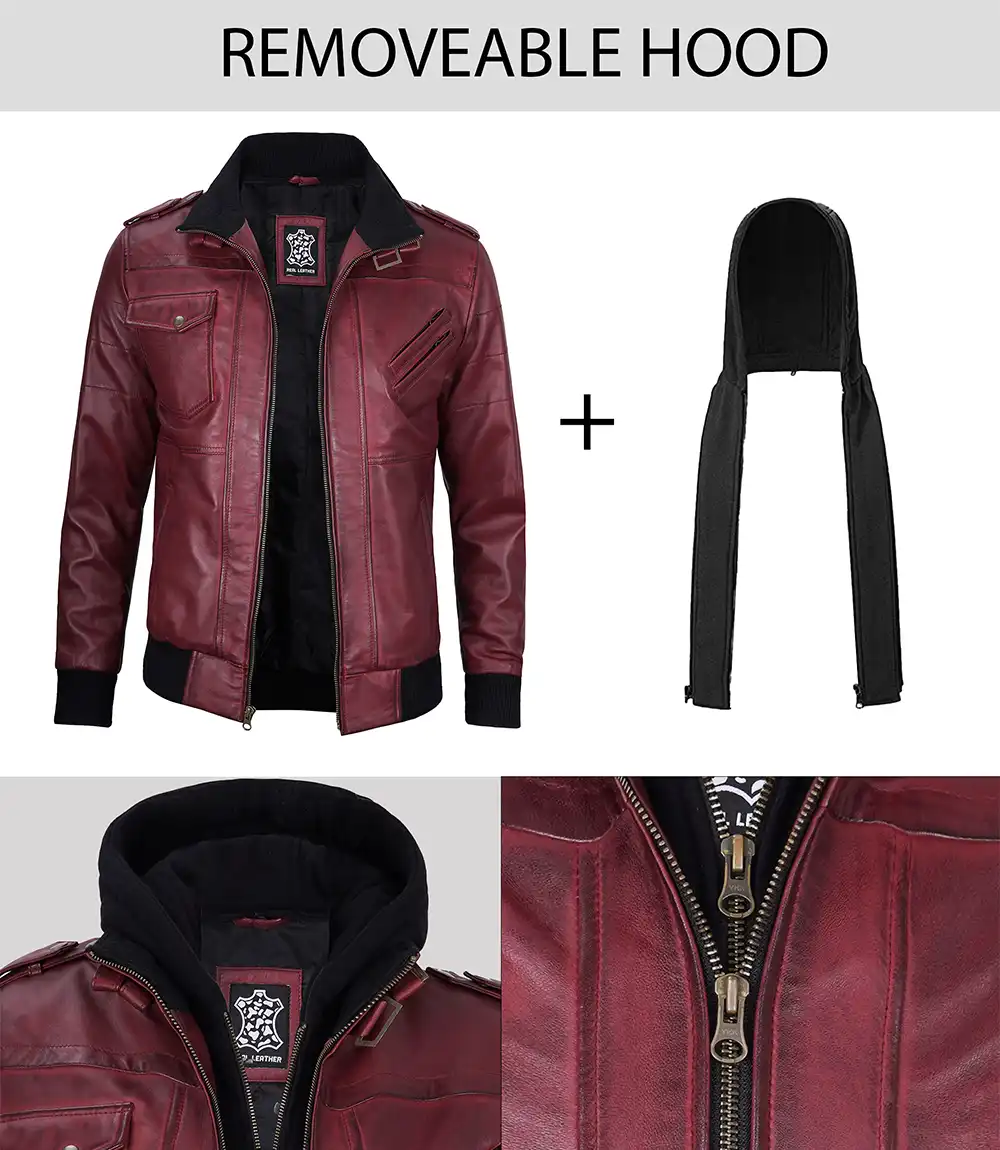 Men's Maroon Leather Jacket with Removable Hood