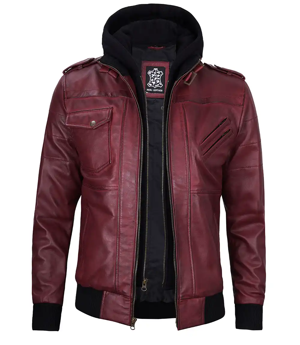 Men's Maroon Leather Jacket with Removable Hood