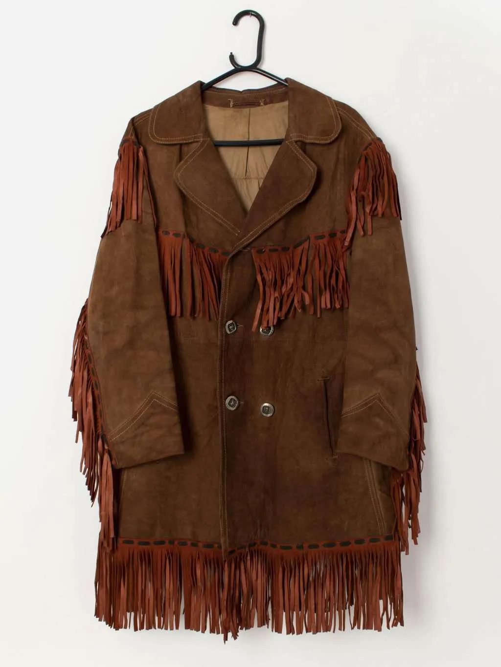 Men’s 70s vintage suede fringed jacket in brown – Medium