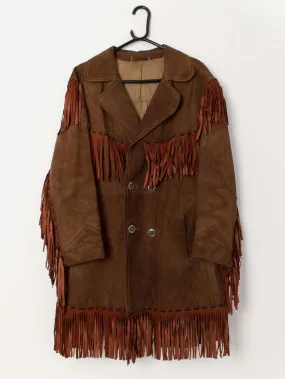 Men’s 70s vintage suede fringed jacket in brown – Medium