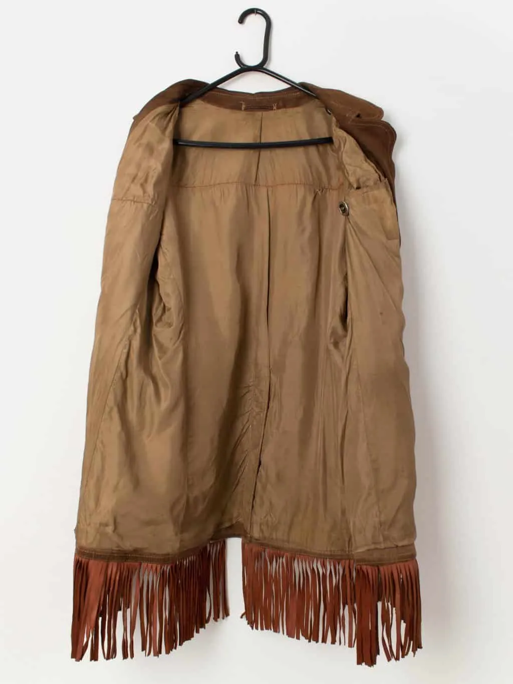 Men’s 70s vintage suede fringed jacket in brown – Medium