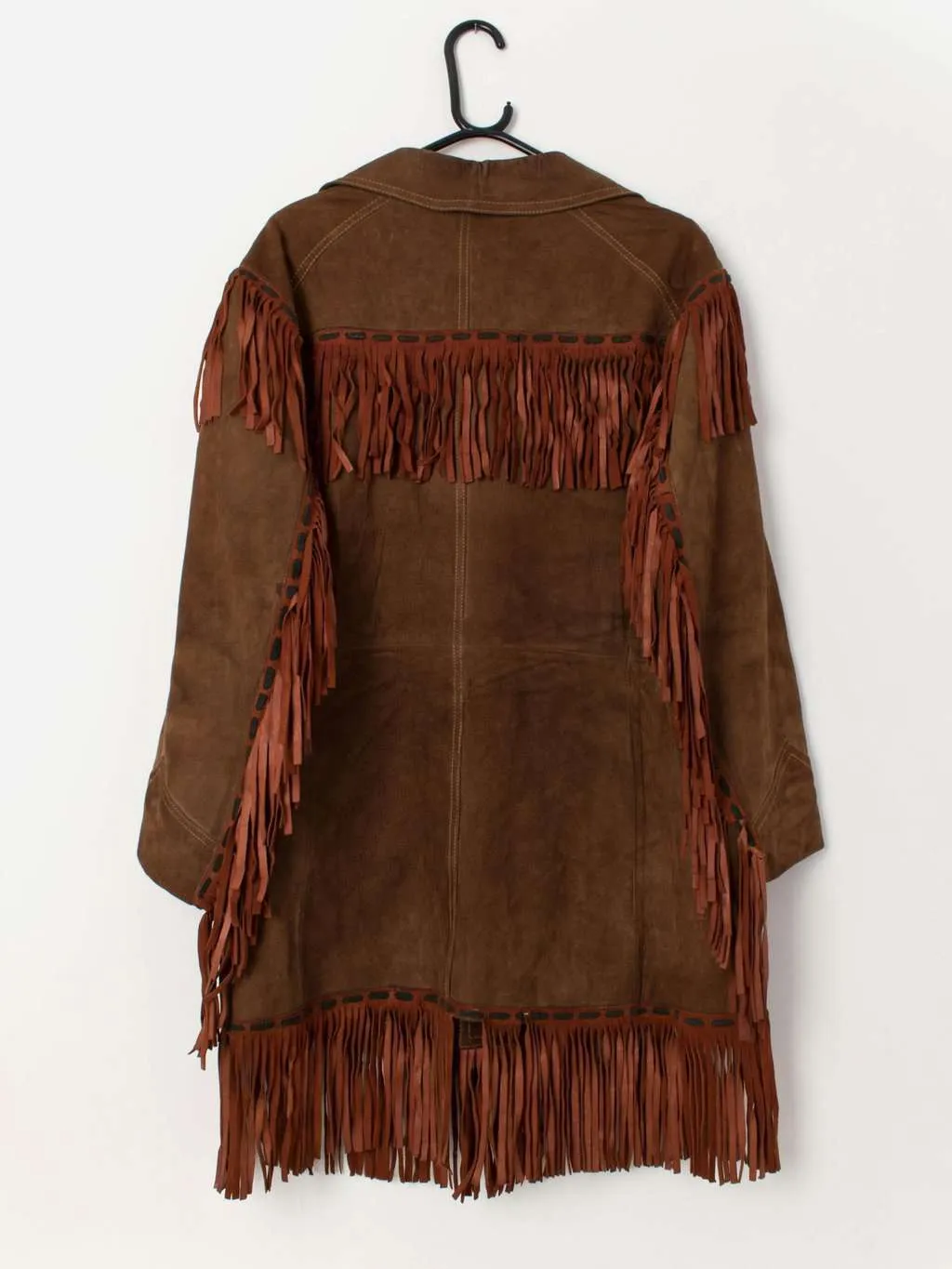 Men’s 70s vintage suede fringed jacket in brown – Medium