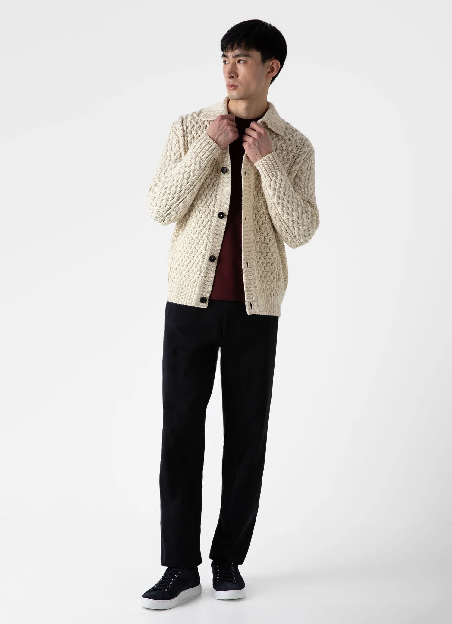 Men's Cable Knit Cardigan Jacket in Ecru