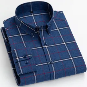 Men's Cotton Plaid Striped Standard Fit Regular Long Sleeve Shirts