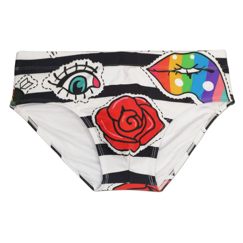 Men's Sexy Rose Striped Pattern Water Sports Swimwear Briefs