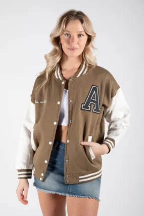 NEW KHAKI CONTRAST SLEEVE LETTER A UNISEX VARSITY JACKET