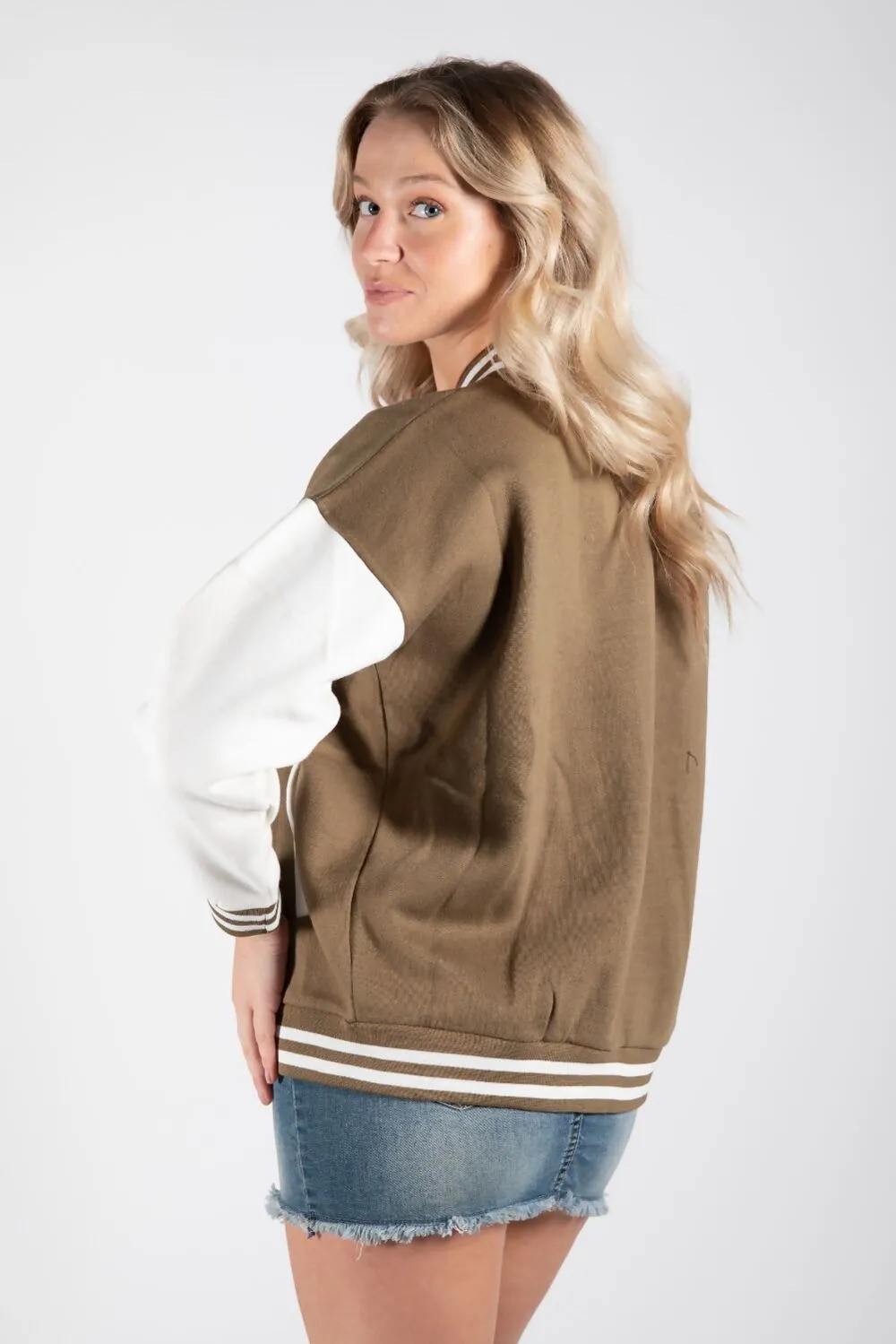 NEW KHAKI CONTRAST SLEEVE LETTER A UNISEX VARSITY JACKET