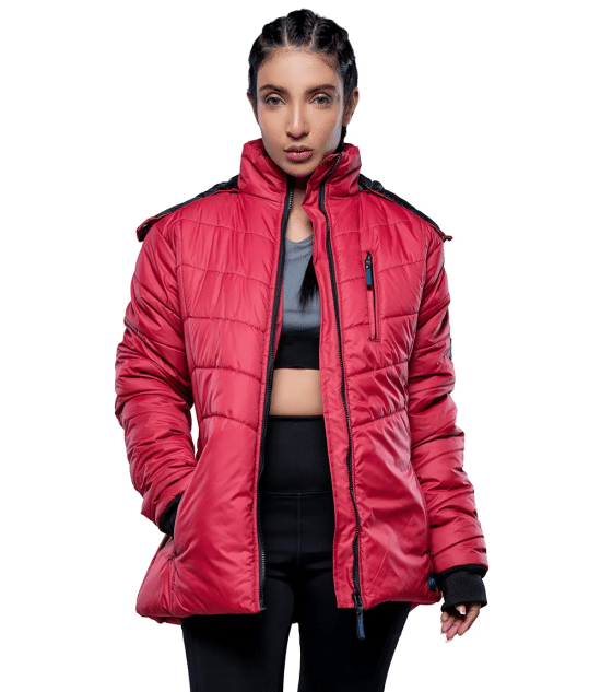 Paola Faux-Fur-Trim Red Hooded Puffer Jacket