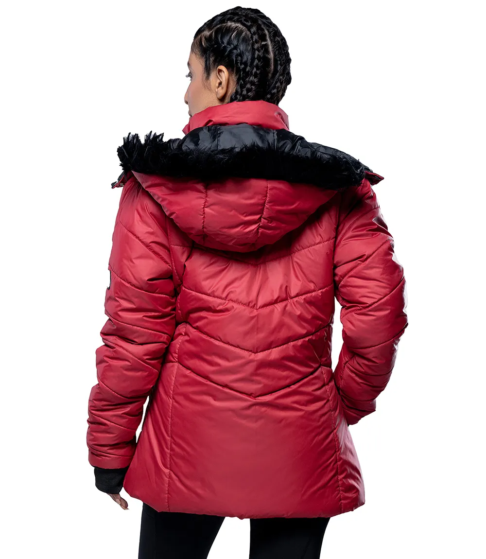 Paola Faux-Fur-Trim Red Hooded Puffer Jacket