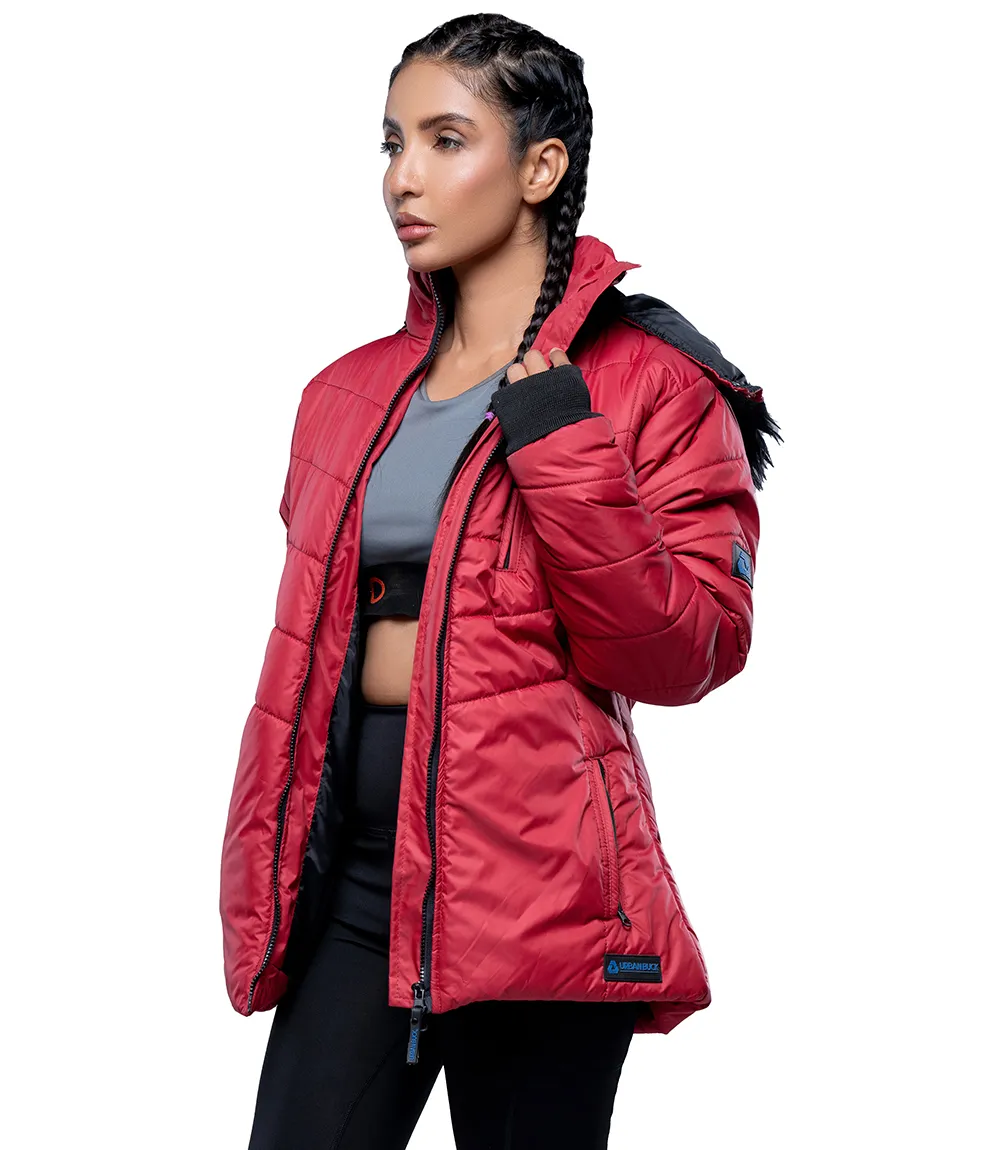 Paola Faux-Fur-Trim Red Hooded Puffer Jacket