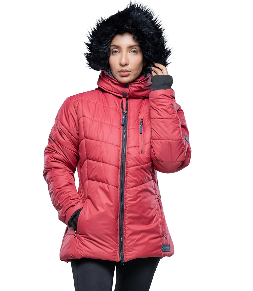 Paola Faux-Fur-Trim Red Hooded Puffer Jacket