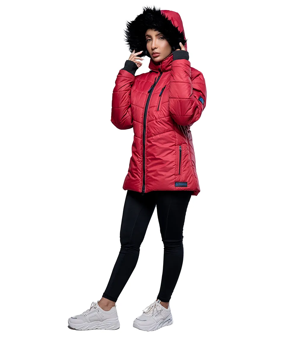 Paola Faux-Fur-Trim Red Hooded Puffer Jacket