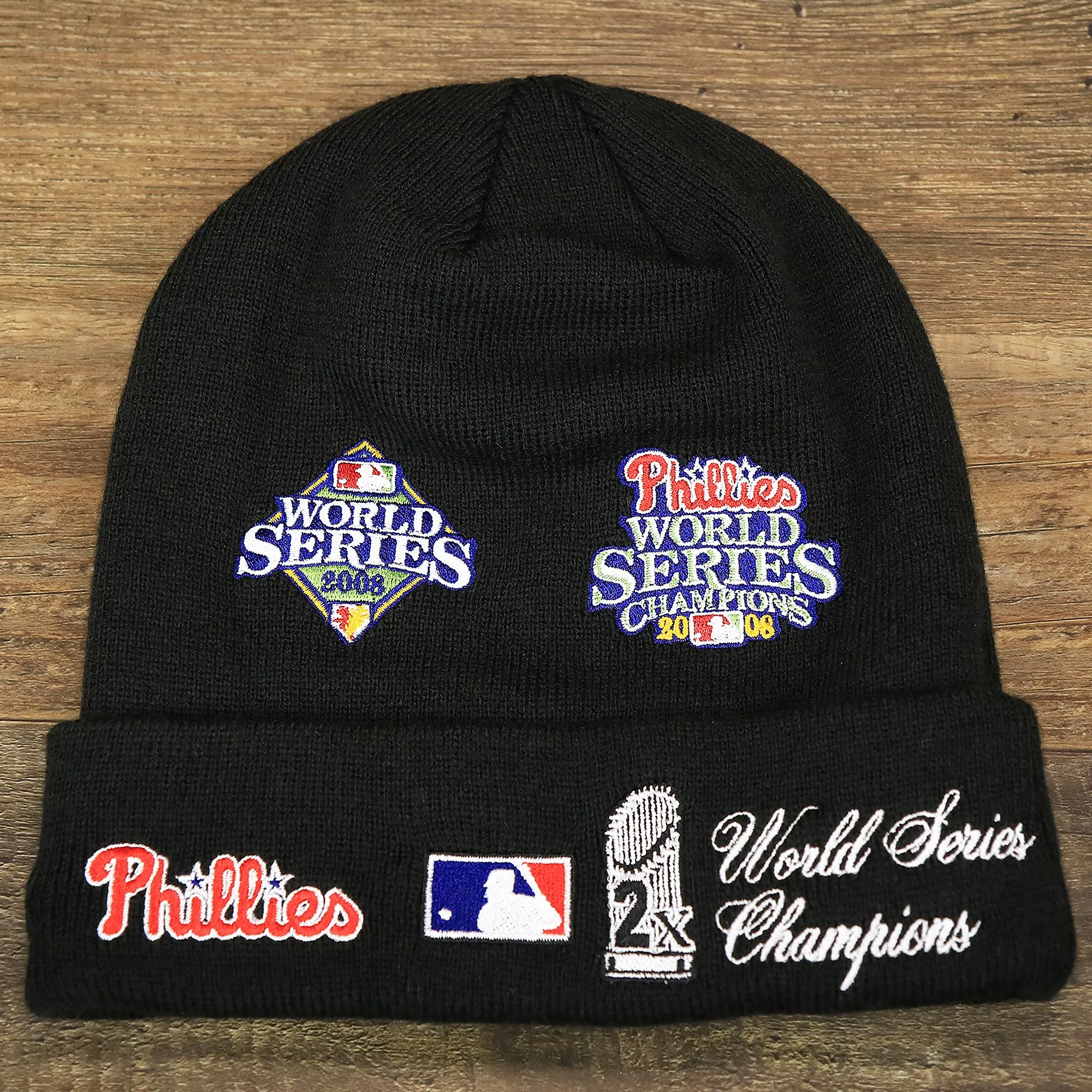 Philadelphia Phillies All Over World Series Side Patch 2x Champion Knit Cuff Beanie | New Era, Black