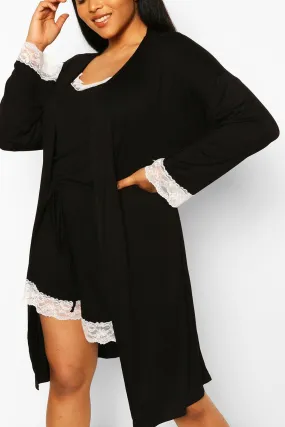 Plus Lace Trim Jersey Knit Robe