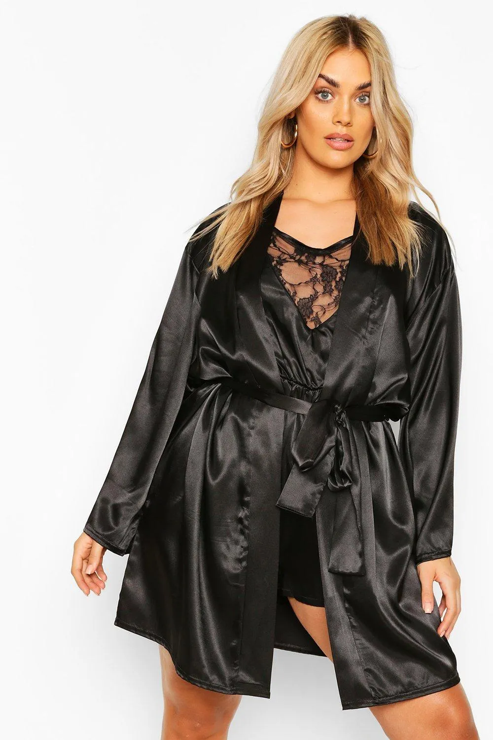 Plus Satin Belted Mini Robe