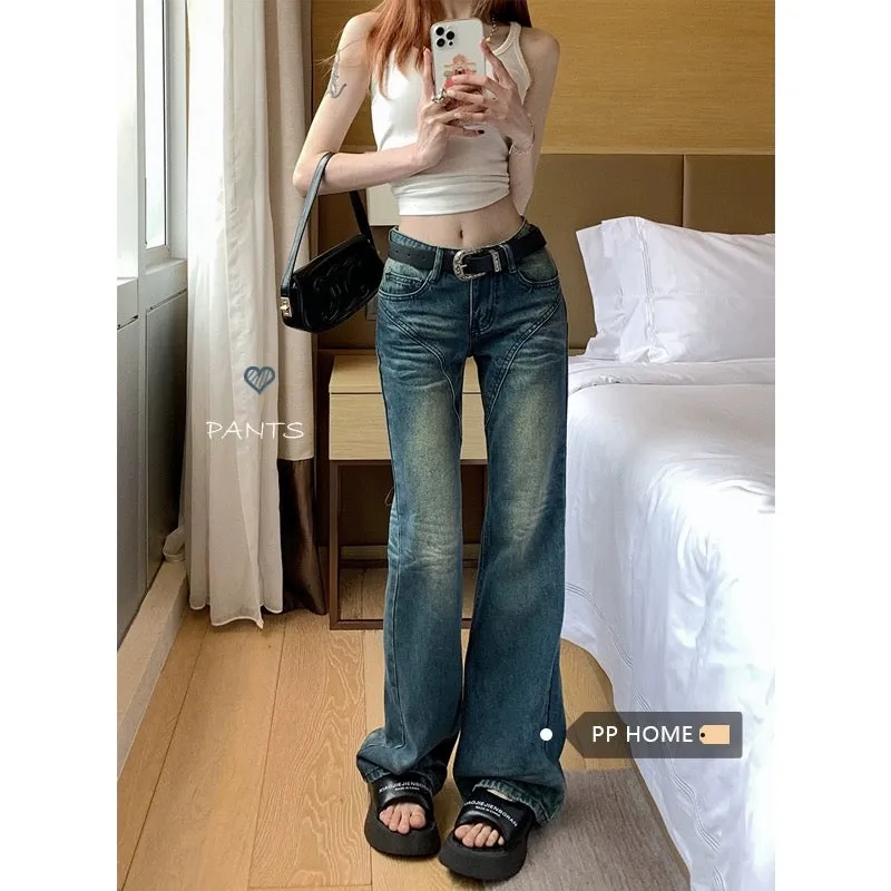 PPHOME New York model student~Tall retro pocket printed mid-waist jeans women's loose micro-flared pants