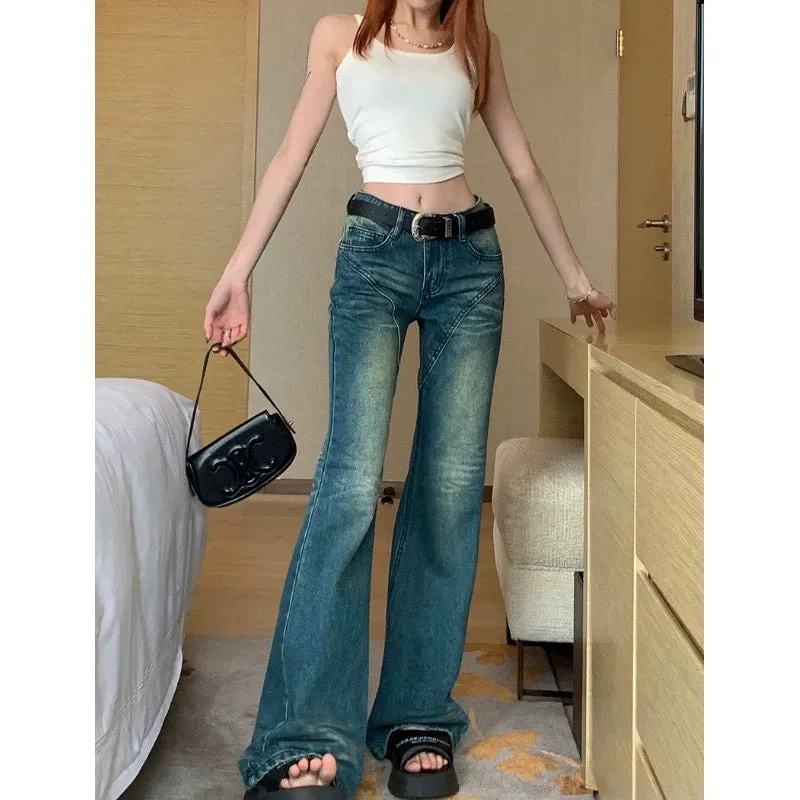 PPHOME New York model student~Tall retro pocket printed mid-waist jeans women's loose micro-flared pants