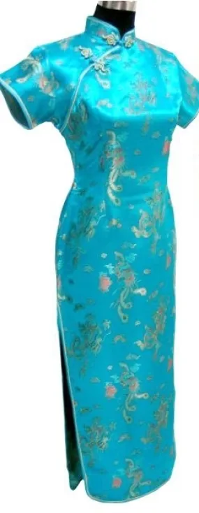 Robe chinoise longue turquoise à manches courtes