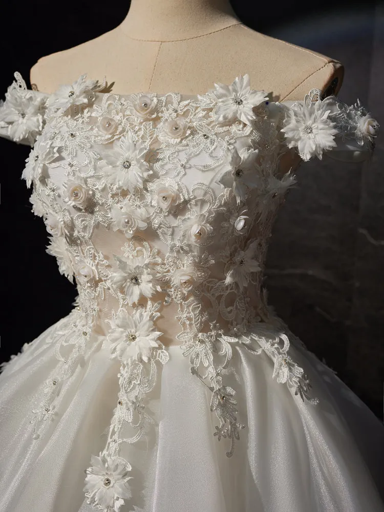 Robe de soirée en Organza Longueur Genou à Épaules Dénudées avec Appliques Florales 3D