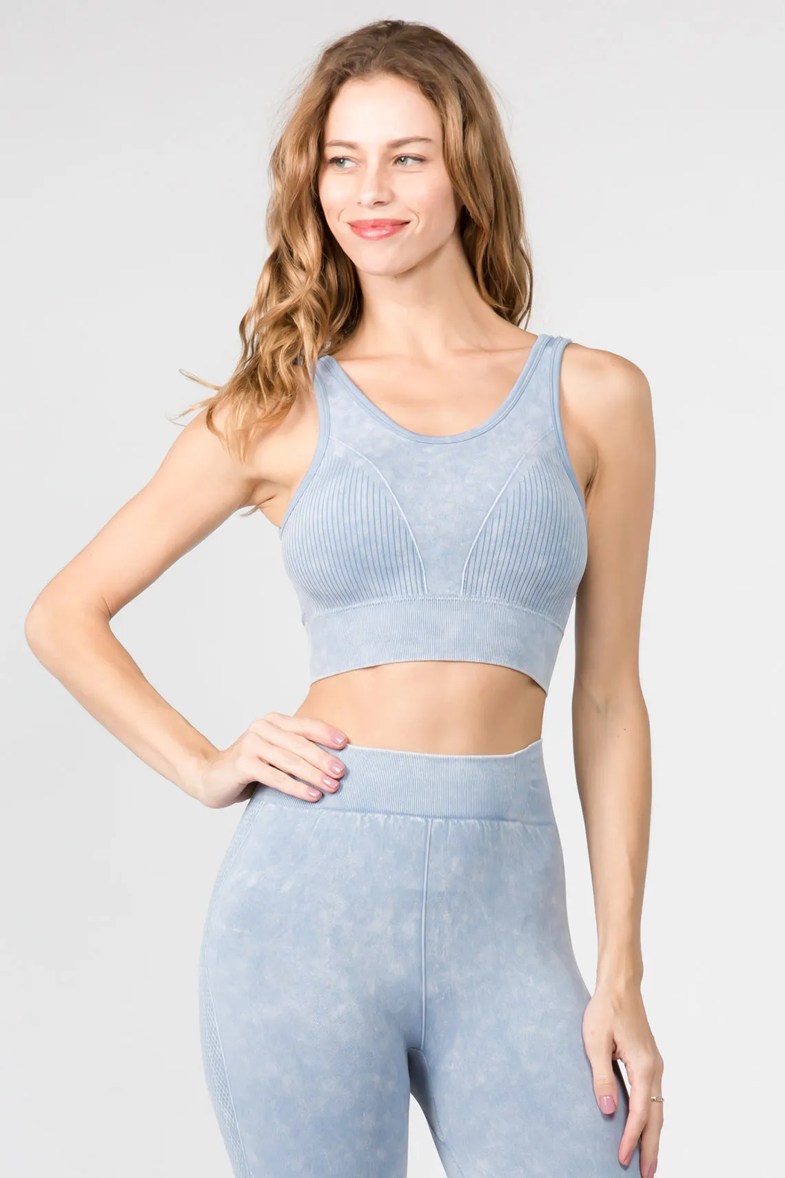 Stone Washed Moto Style Seamless Sports Bra