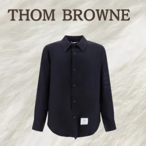 THOM BROWNE  |Long Sleeves Plain Cotton Logo Designers Shirts