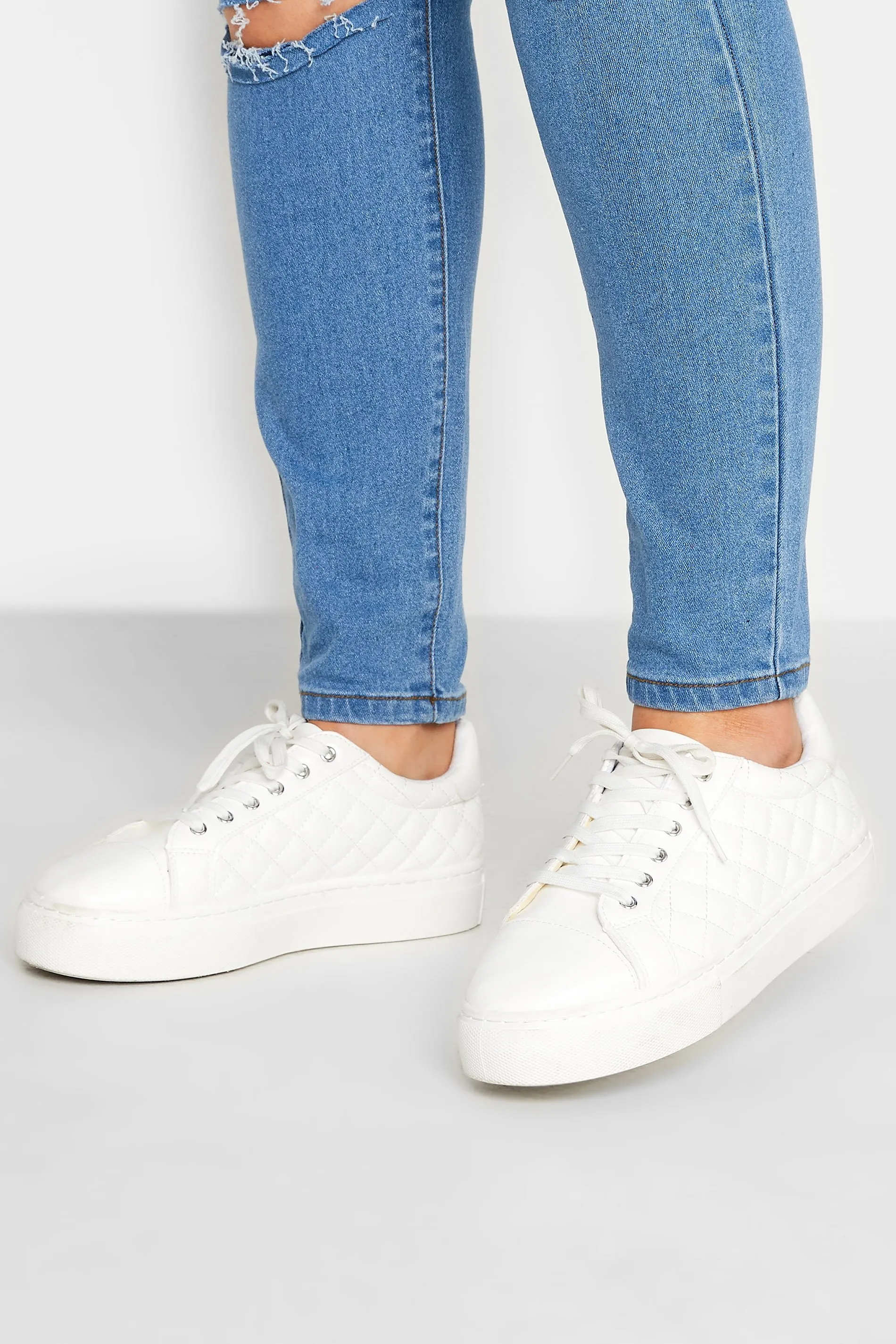 White Quilted Trainers In  Extra Wide EEE Fit