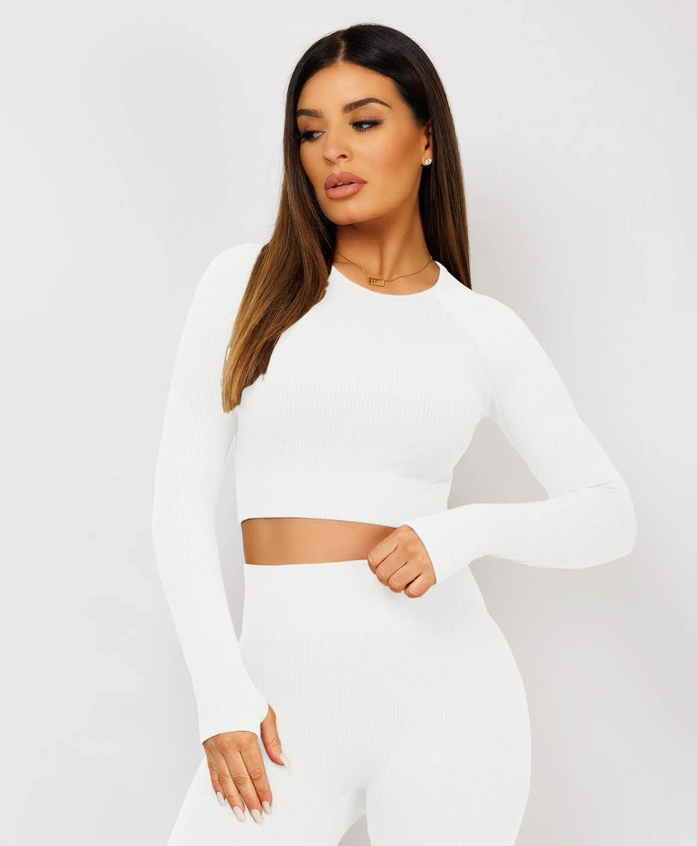 White Strechy Ribbed Cropped High Waist Tracksuit Set