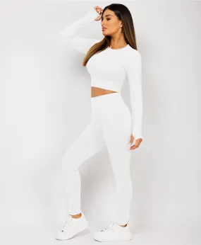 White Strechy Ribbed Cropped High Waist Tracksuit Set