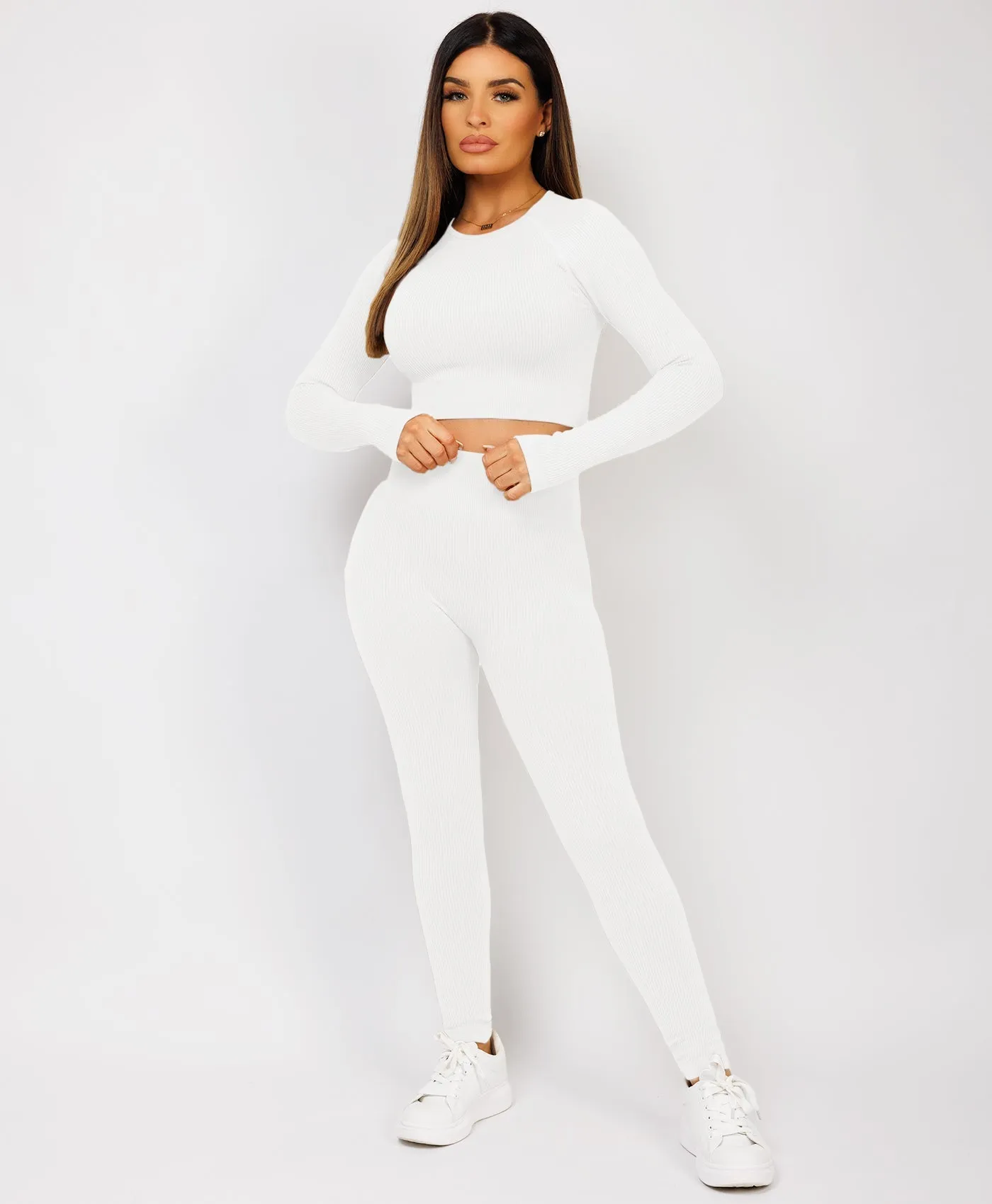 White Strechy Ribbed Cropped High Waist Tracksuit Set