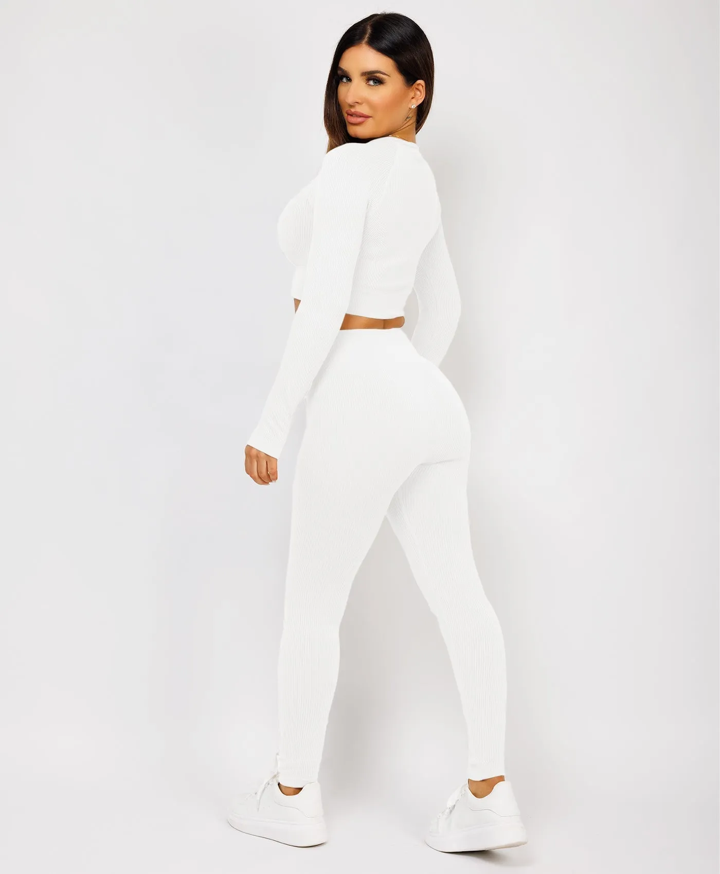 White Strechy Ribbed Cropped High Waist Tracksuit Set