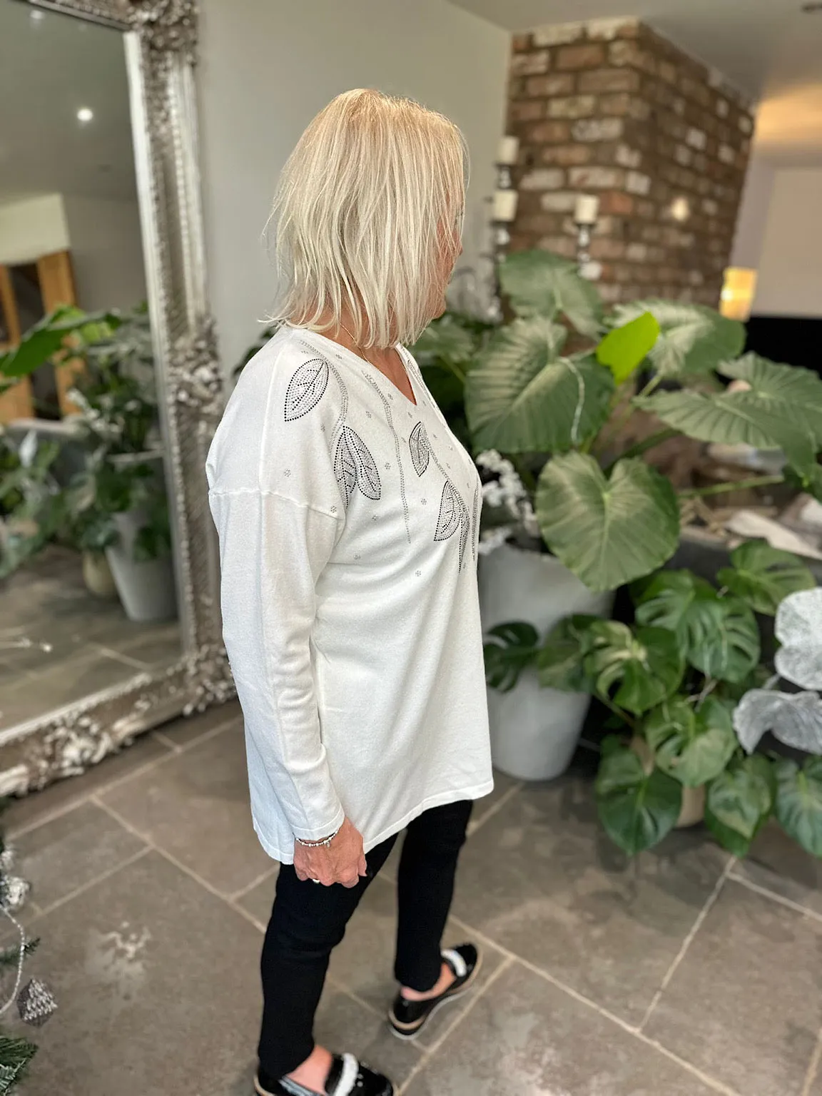 Winter White Diamante Leaf Knit Gail