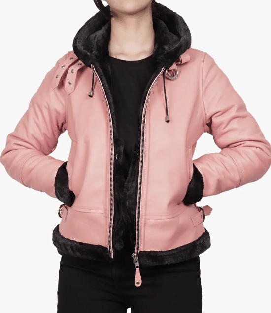 Women's Pink Leather Hooded Shearling Jacket