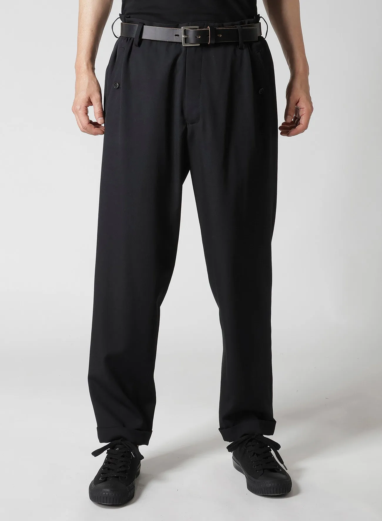 WOOL GABARDINE WAIST GATHERED PANTS