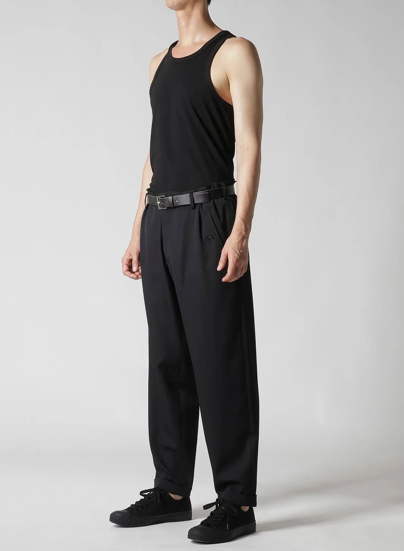 WOOL GABARDINE WAIST GATHERED PANTS