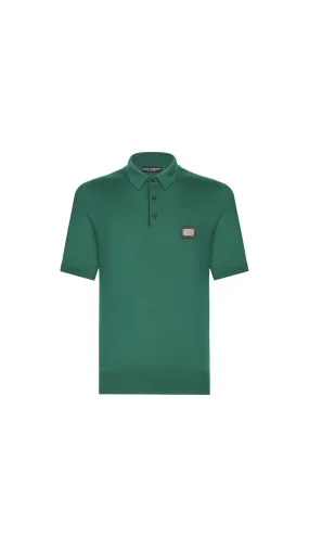 Wool Polo-shirt with Branded Tag - Green