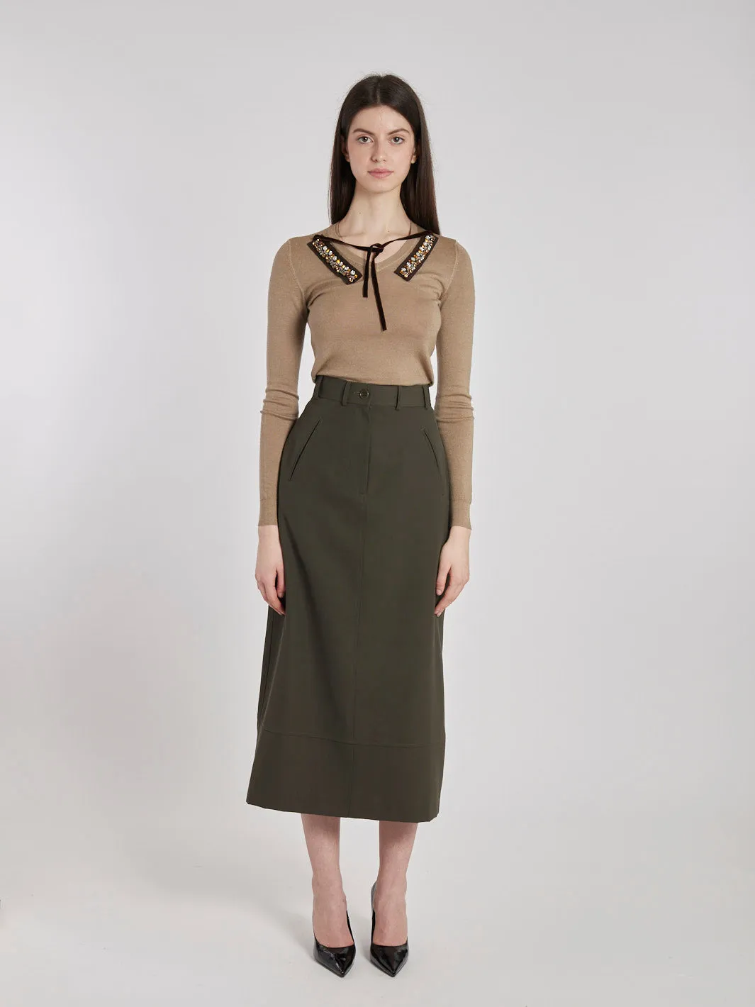 Y2K Aspesi midi skirt with a classic cut in military green