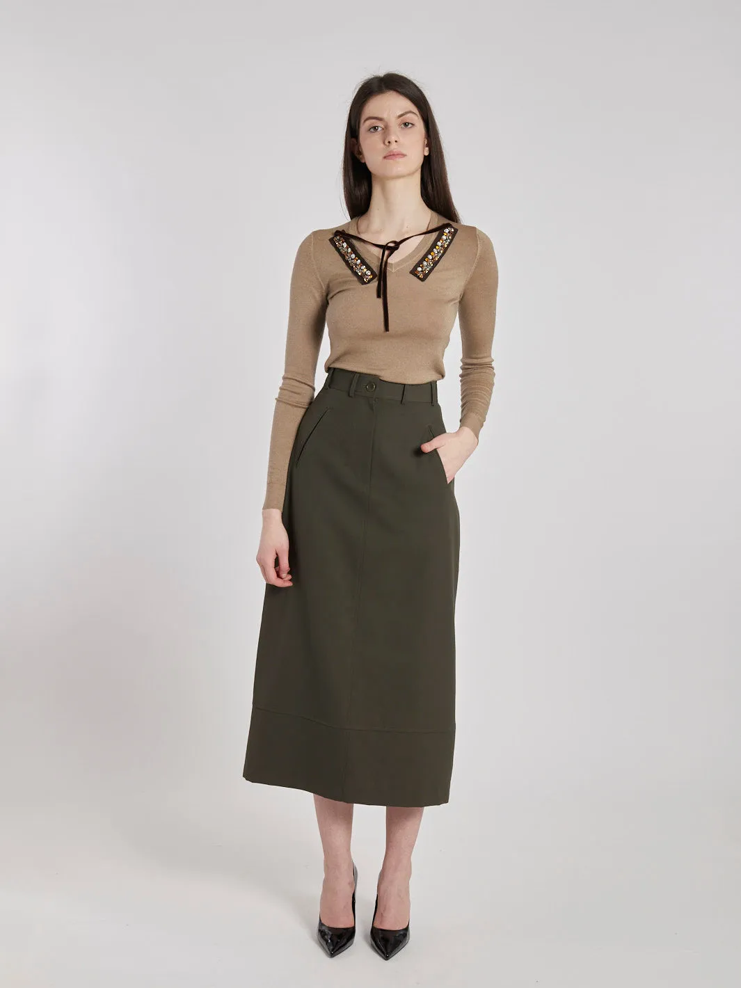 Y2K Aspesi midi skirt with a classic cut in military green