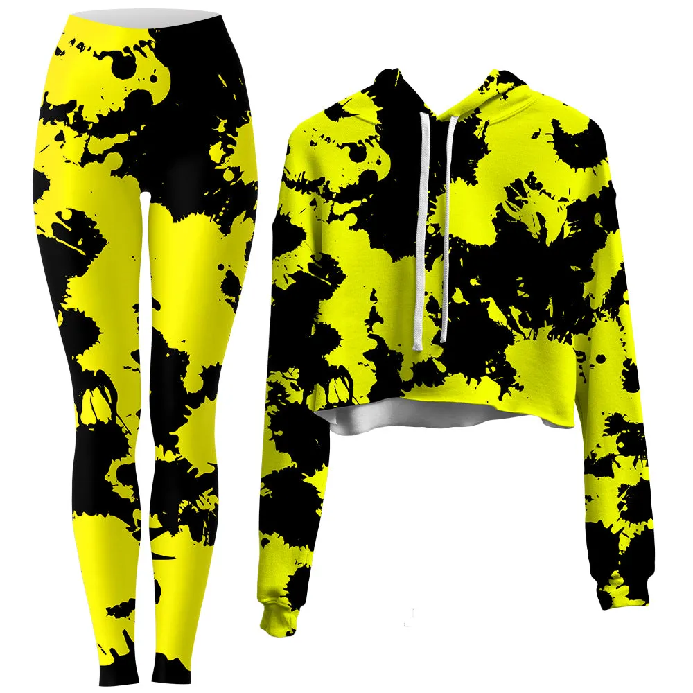 Yellow and Black Paint Splatter Crop Hoodie and Leggings Combo