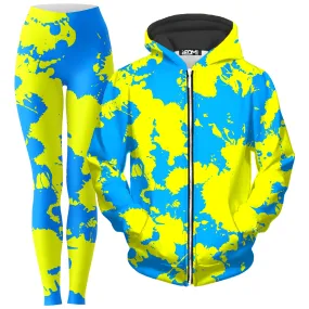 Yellow and Blue Paint Splatter Zip-Up Hoodie and Leggings Combo